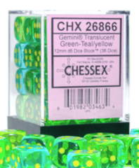 Chessex Dice: 12mm D6 36ct Gemini Translucent Green Teal Yellow CHX26866